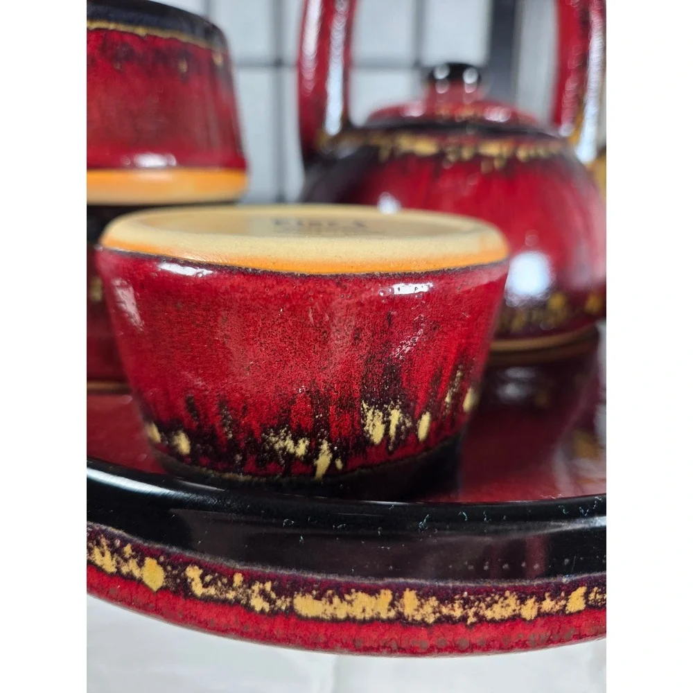 Pier 1 Shanghai Tea Set Red Black Reactive Glaze Earthenware 5 Piece Set